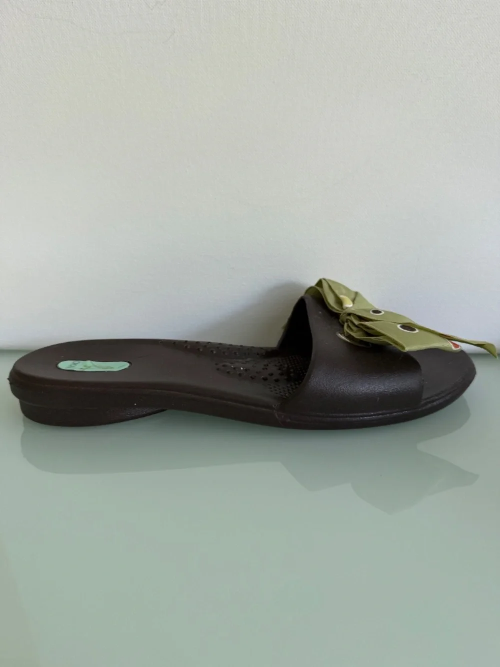 Okabashi Brown Slide Sandals Green Bow Polka Dot Open Toe Slip On Size M